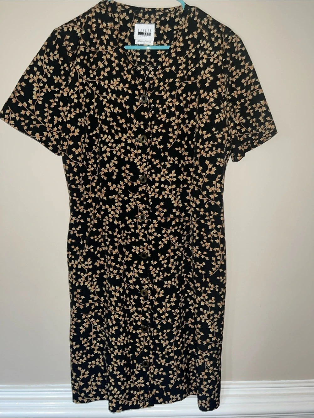 Leslie Fay Vintage Button Up Dress Black / Tan w/ Flowers - Size 10 Like New